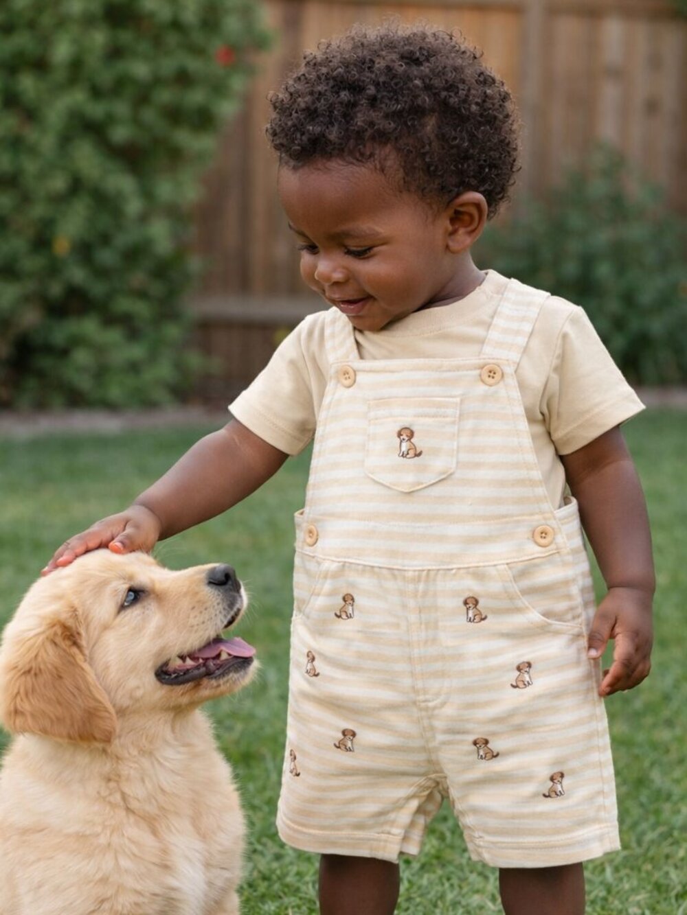 NWT Little Me Baby Boy 2 Piece Romper Set Neutral Puppy Print Shortall Outfit